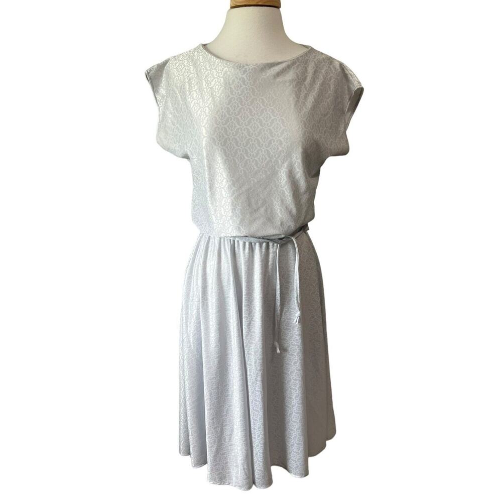 Vintage 80's Ice Blue Jacquard Belted Secretary Casual Pullover Dress size M